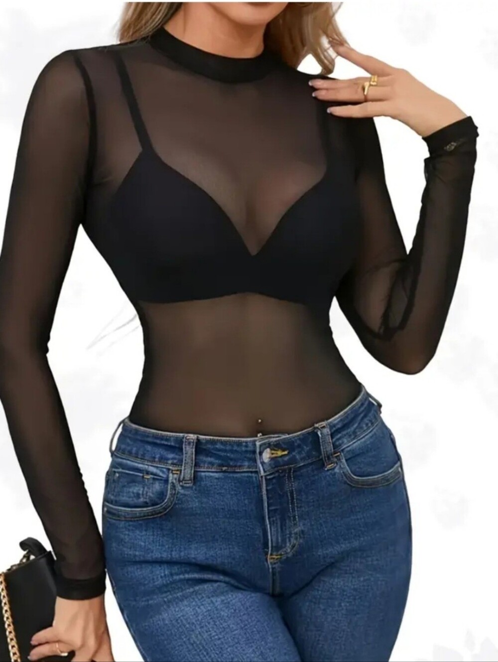 $Black Sheer Long-Sleeve Mesh Top
